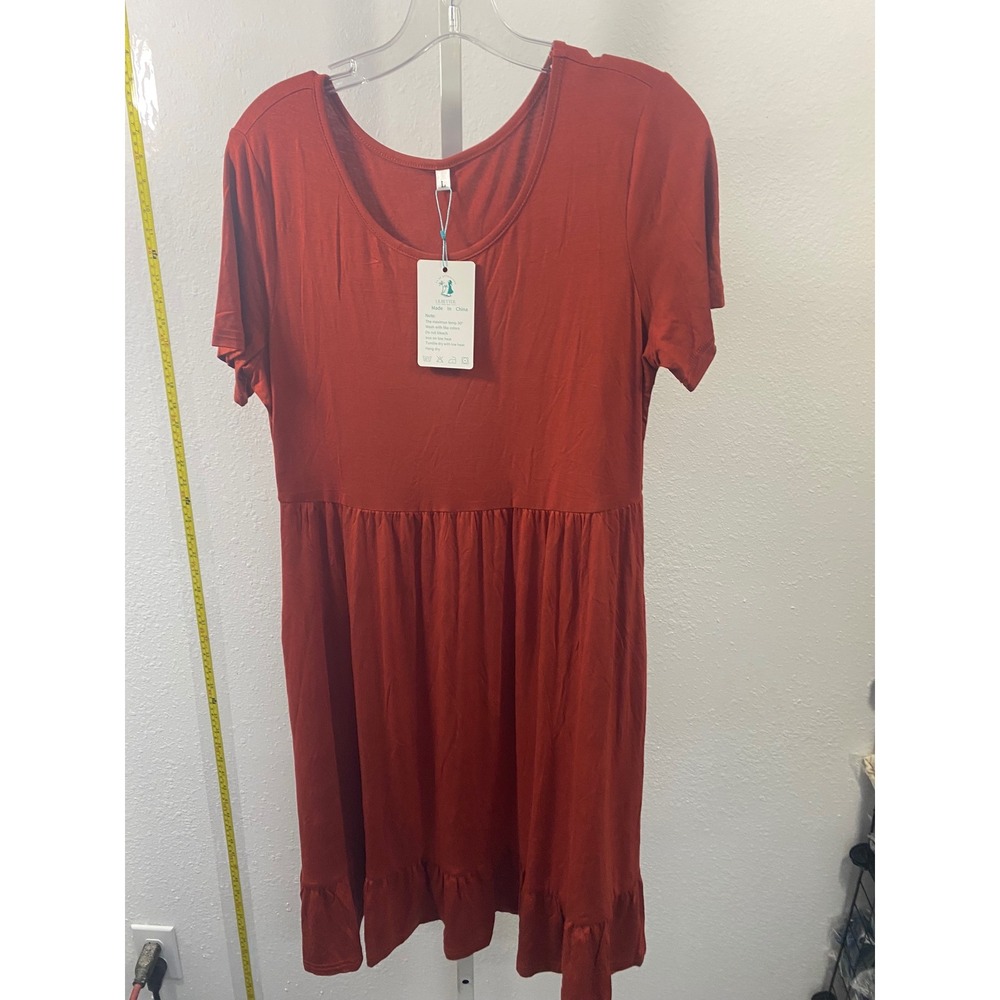 Lilbetter Rust Orange Short Sleeve Ruffle Hem Empire Waist T-Shirt Dress Large